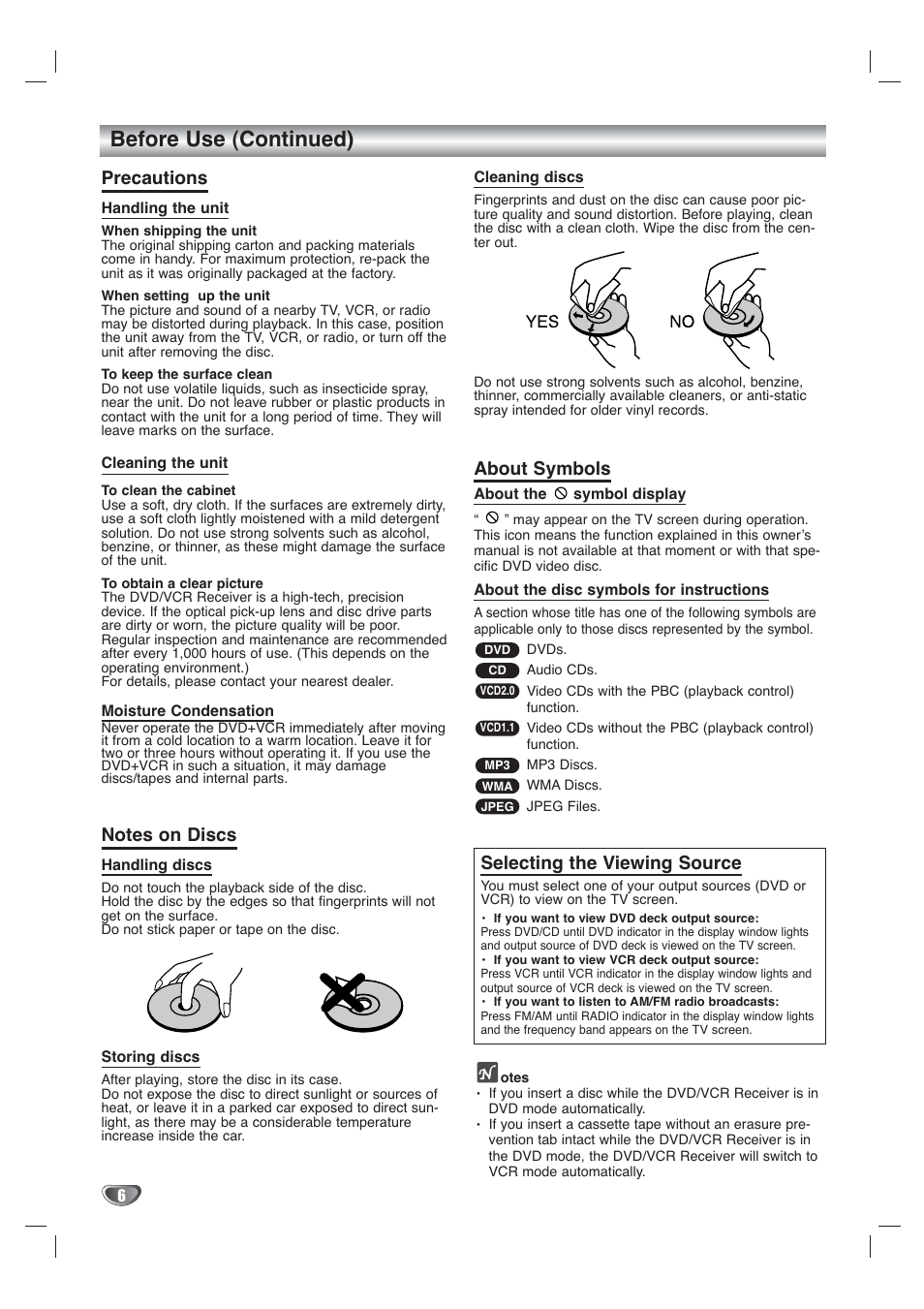 Before use (continued), Precautions, About symbols | Selecting the viewing source | Toshiba SD-V65HTSU User Manual | Page 6 / 50