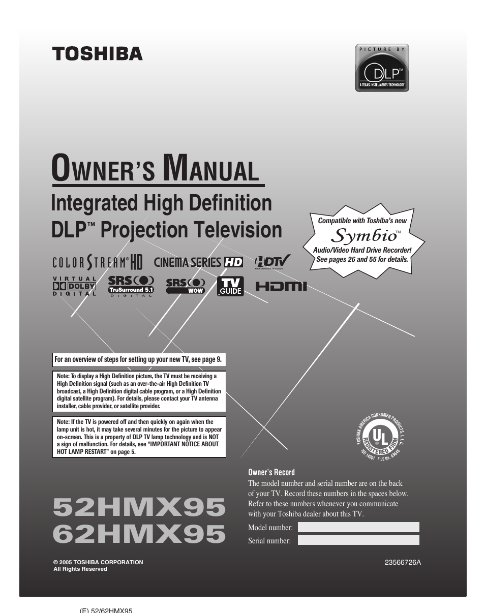 Toshiba 52HMX95 User Manual | 136 pages