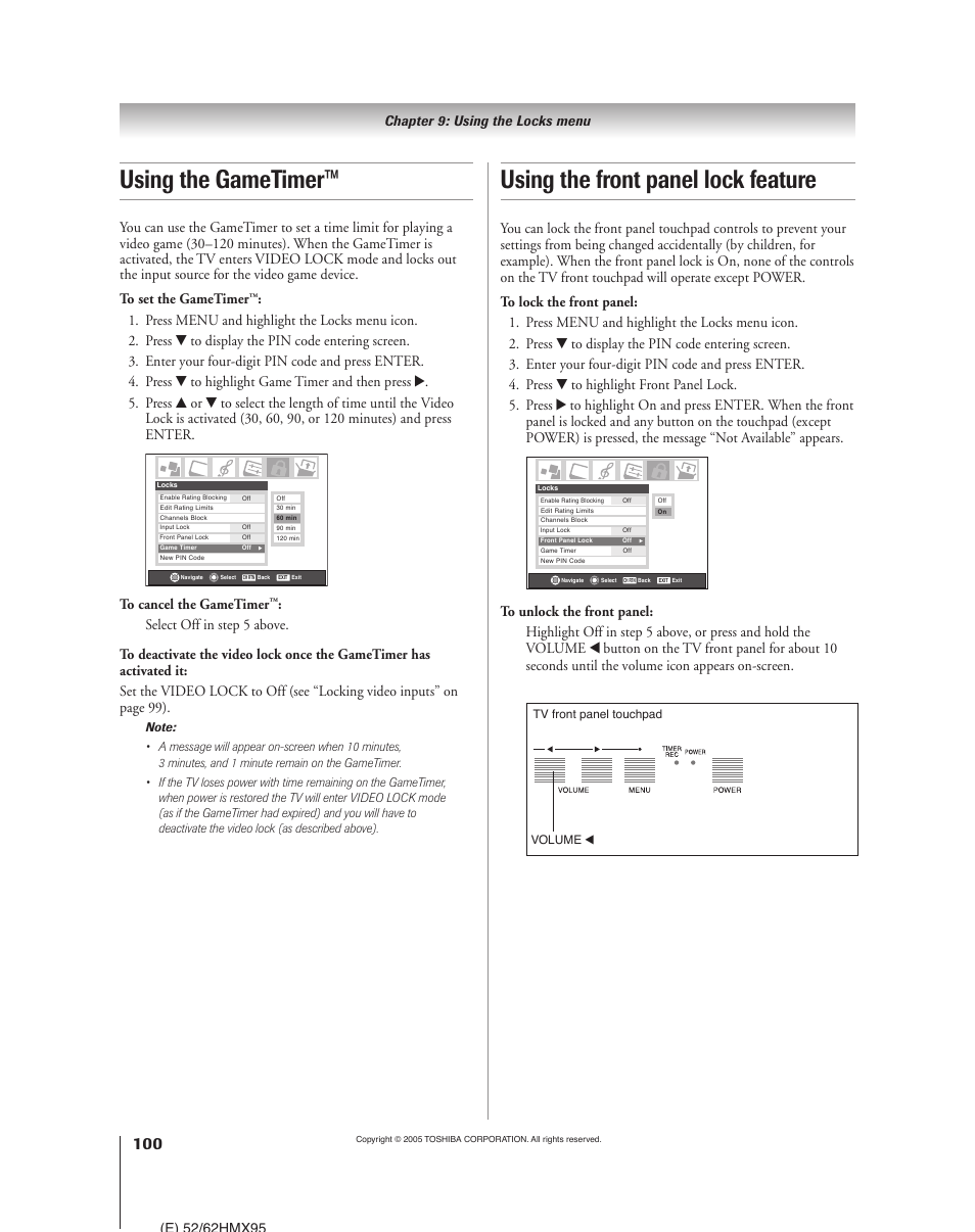 Using the gametimer, Using the front panel lock feature | Toshiba 52HMX95 User Manual | Page 100 / 136