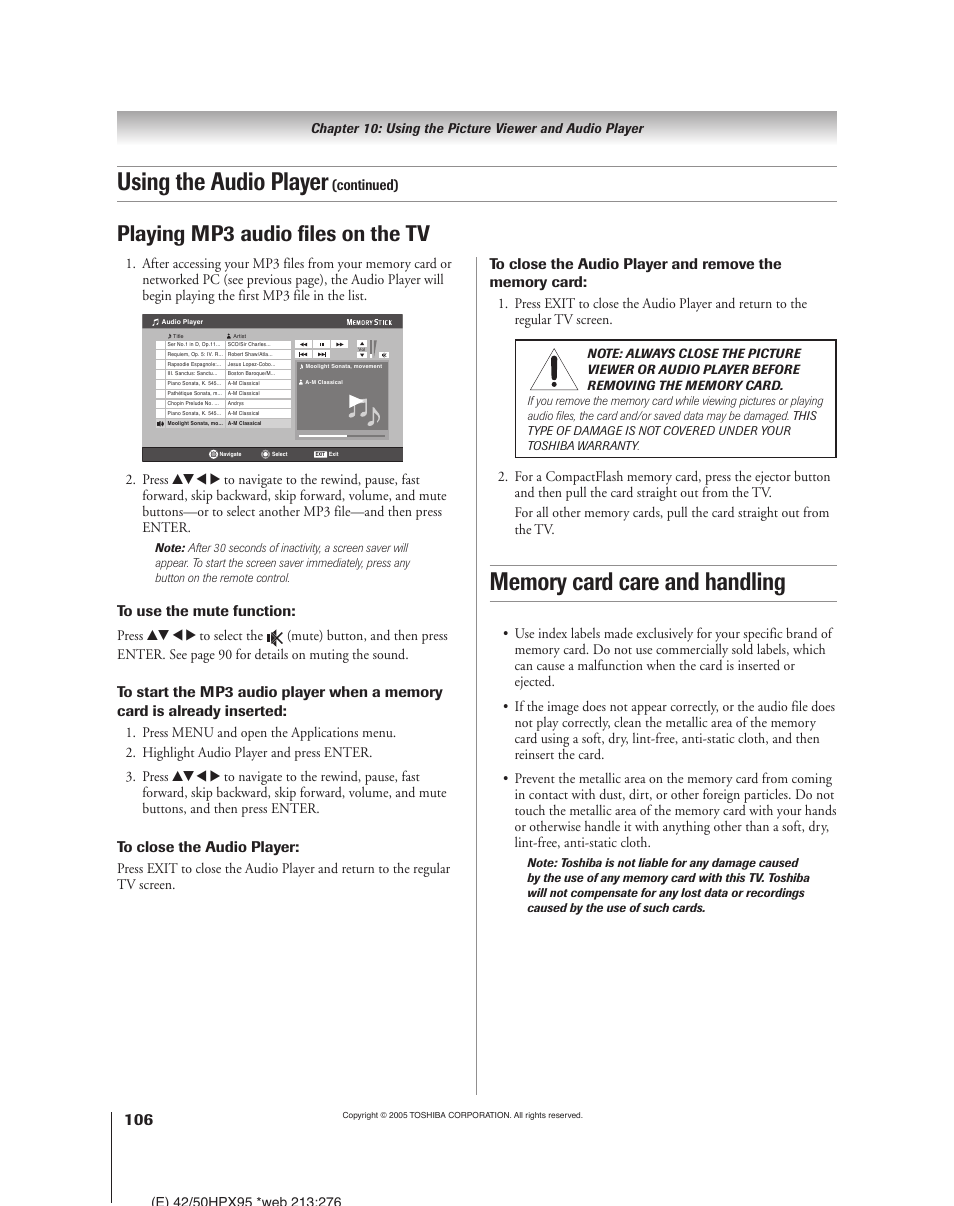 Using the audio player, Playing mp3 audio files on the tv, Continued) | Toshiba 52HMX95 User Manual | Page 106 / 136
