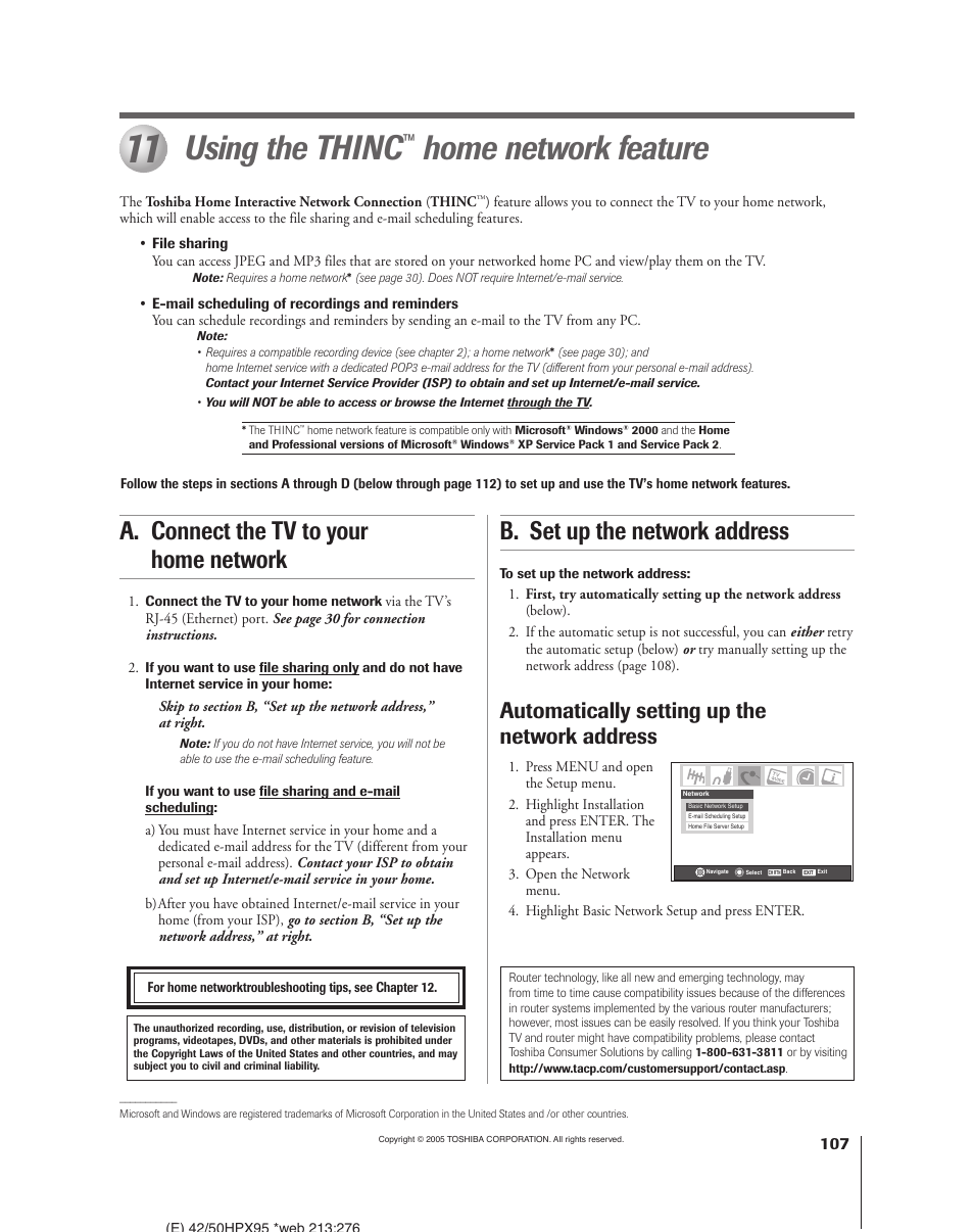 Using the thinc, Home network feature, B. set up the network address | A. connect the tv to your home network, Automatically setting up the network address | Toshiba 52HMX95 User Manual | Page 107 / 136