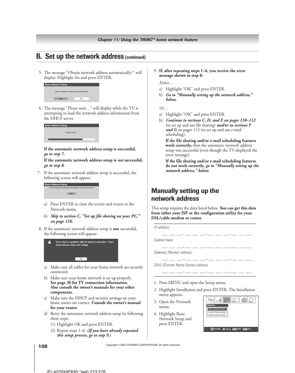 B. set up the network address, Manually setting up the network address | Toshiba 52HMX95 User Manual | Page 108 / 136