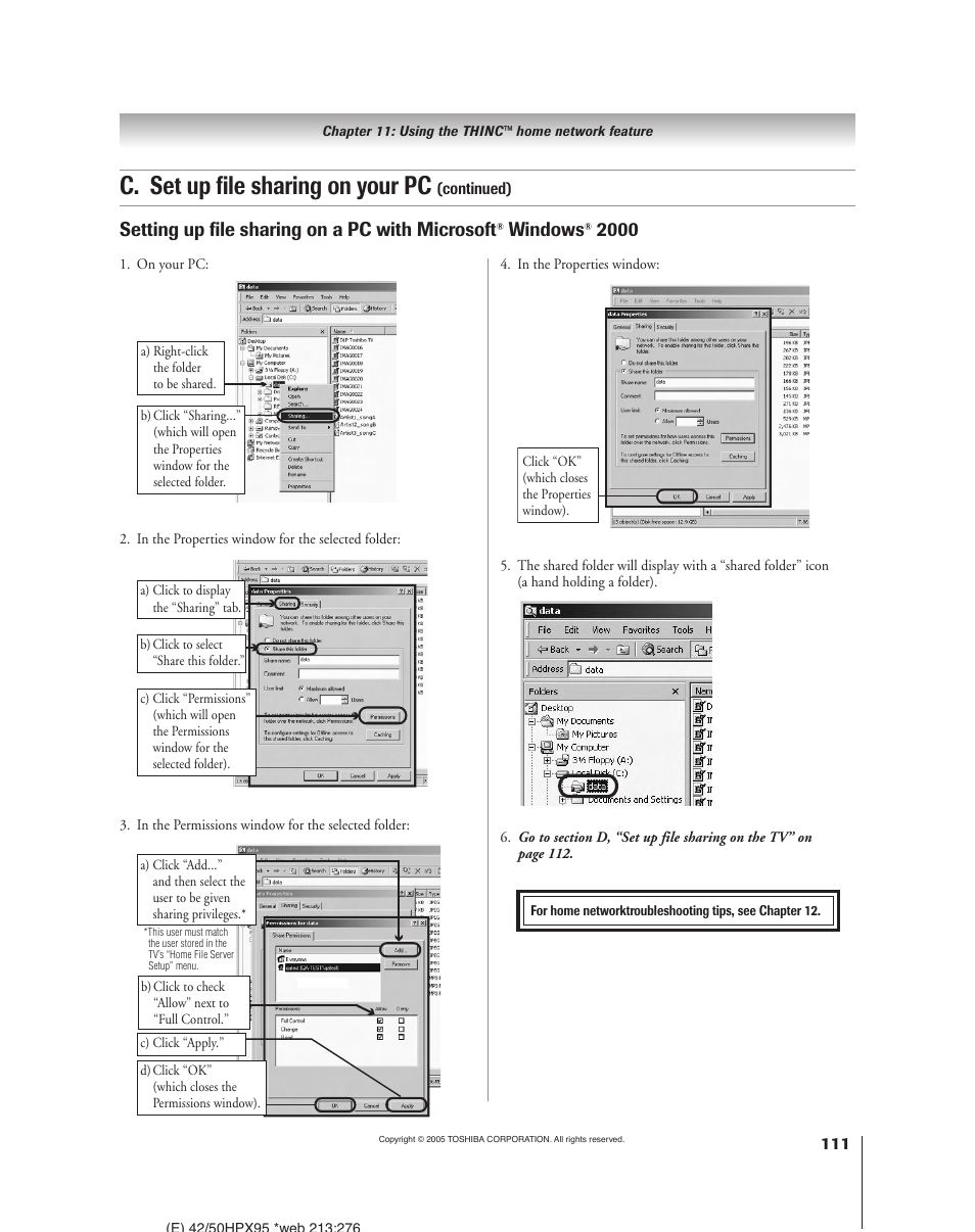 C. set up file sharing on your pc, Setting up file sharing on a pc with microsoft, Windows | Toshiba 52HMX95 User Manual | Page 111 / 136