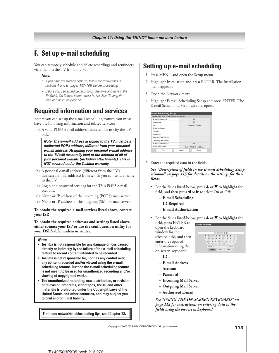 F. set up e-mail scheduling, Required information and services, Setting up e-mail scheduling | Toshiba 52HMX95 User Manual | Page 113 / 136