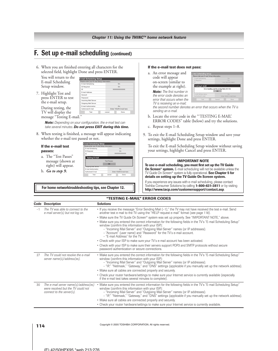 F. set up e-mail scheduling, Continued), If the e-mail test passes | If the e-mail test does not pass | Toshiba 52HMX95 User Manual | Page 114 / 136