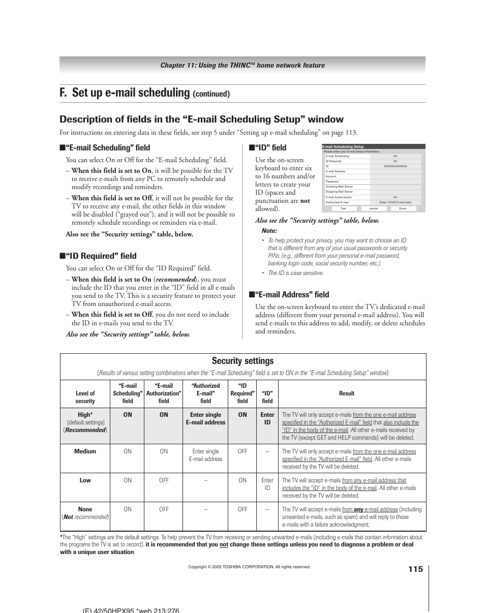 F. set up e-mail scheduling, Security settings, Continued) | Id” field, E-mail address” field, E-mail scheduling” field, Id required” field | Toshiba 52HMX95 User Manual | Page 115 / 136