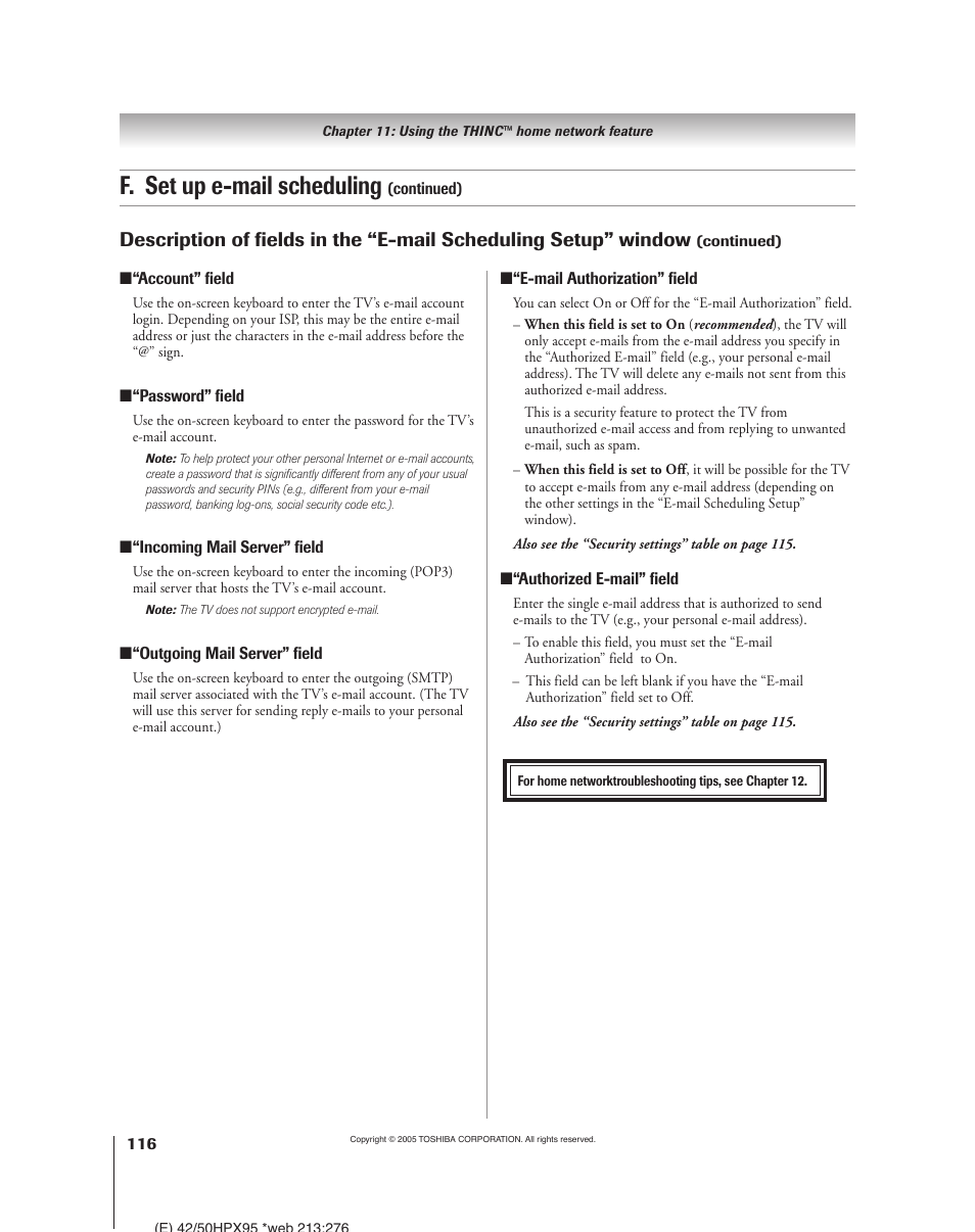 F. set up e-mail scheduling | Toshiba 52HMX95 User Manual | Page 116 / 136
