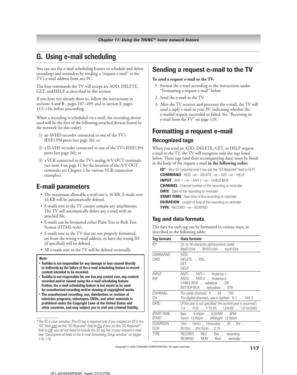 G. using e-mail scheduling, Formatting a request e-mail, Sending a request e-mail to the tv | E-mail parameters, Recognized tags, Tag and data formats | Toshiba 52HMX95 User Manual | Page 117 / 136