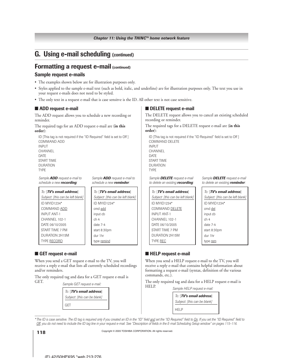 G. using e-mail scheduling, Formatting a request e-mail, Sample request e-mails | Toshiba 52HMX95 User Manual | Page 118 / 136