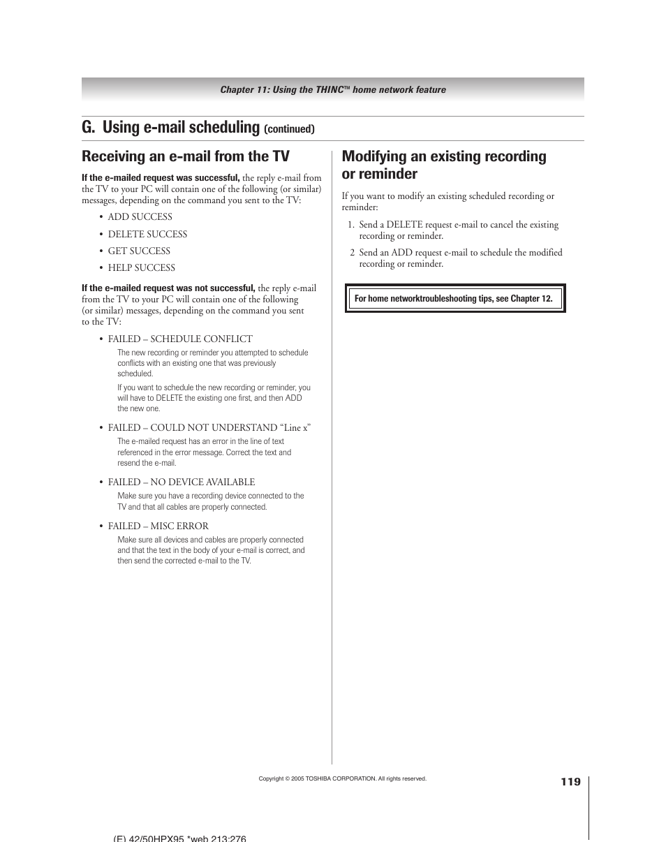 G. using e-mail scheduling, Receiving an e-mail from the tv, Modifying an existing recording or reminder | Toshiba 52HMX95 User Manual | Page 119 / 136