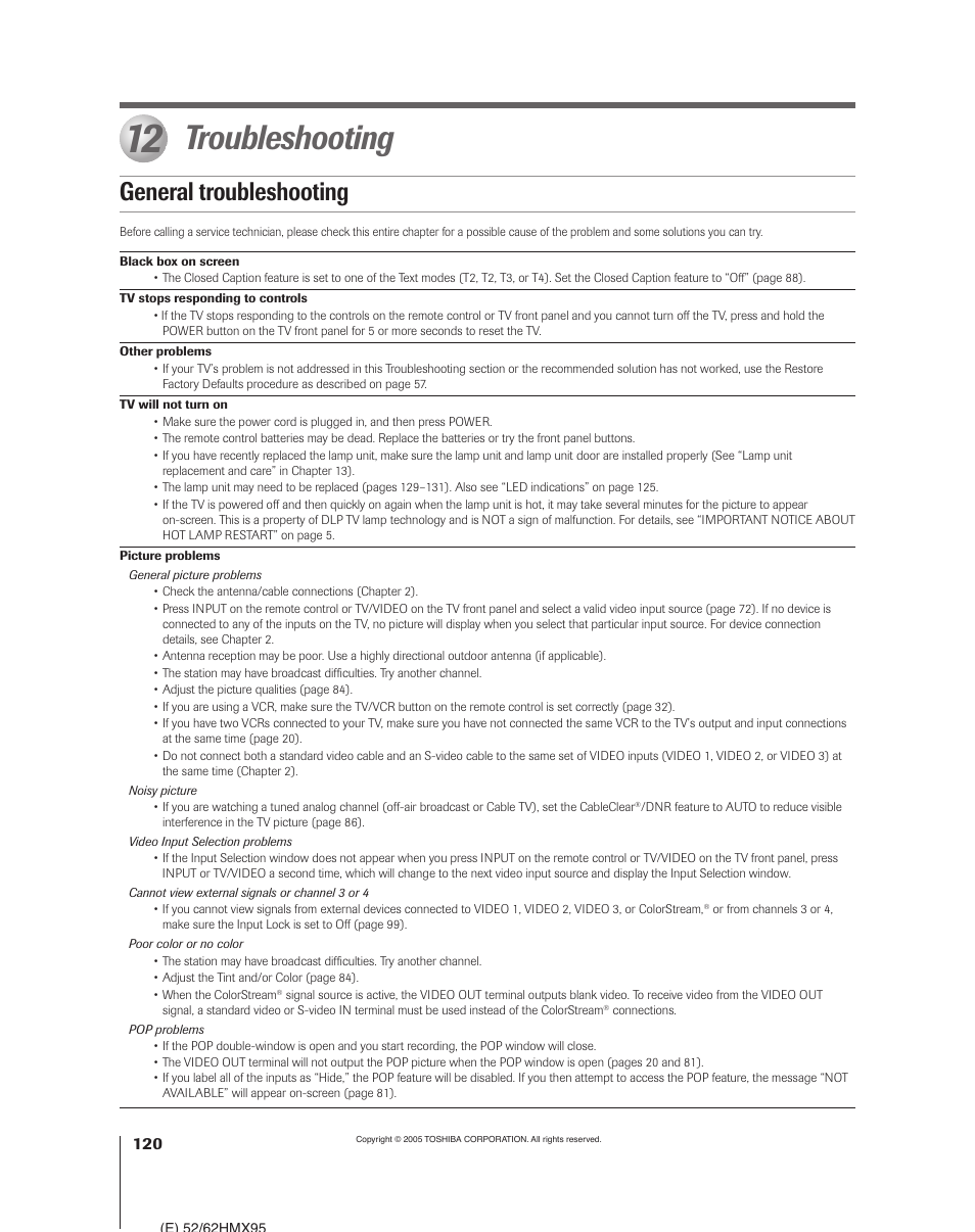 Troubleshooting, General troubleshooting | Toshiba 52HMX95 User Manual | Page 120 / 136