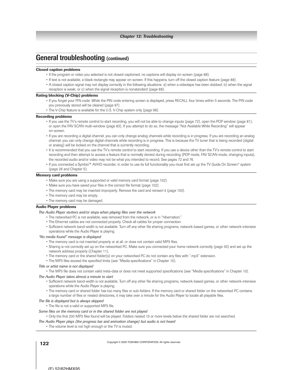General troubleshooting, Continued) | Toshiba 52HMX95 User Manual | Page 122 / 136
