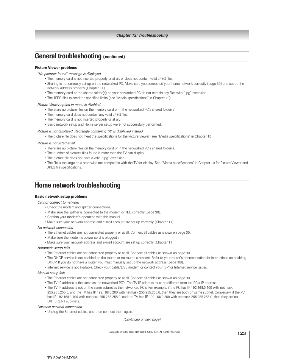General troubleshooting, Home network troubleshooting | Toshiba 52HMX95 User Manual | Page 123 / 136