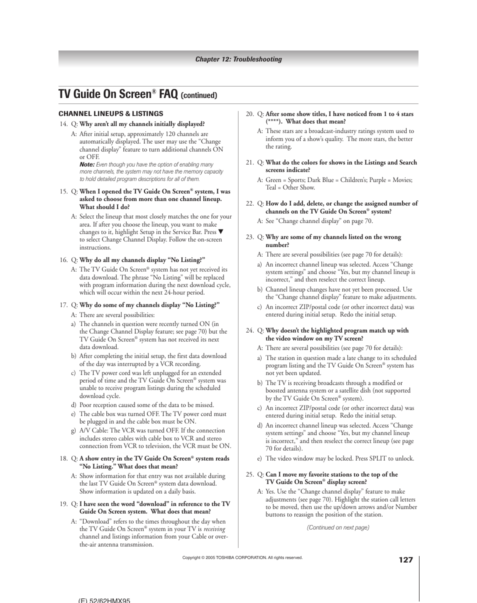 Tv guide on screen | Toshiba 52HMX95 User Manual | Page 127 / 136