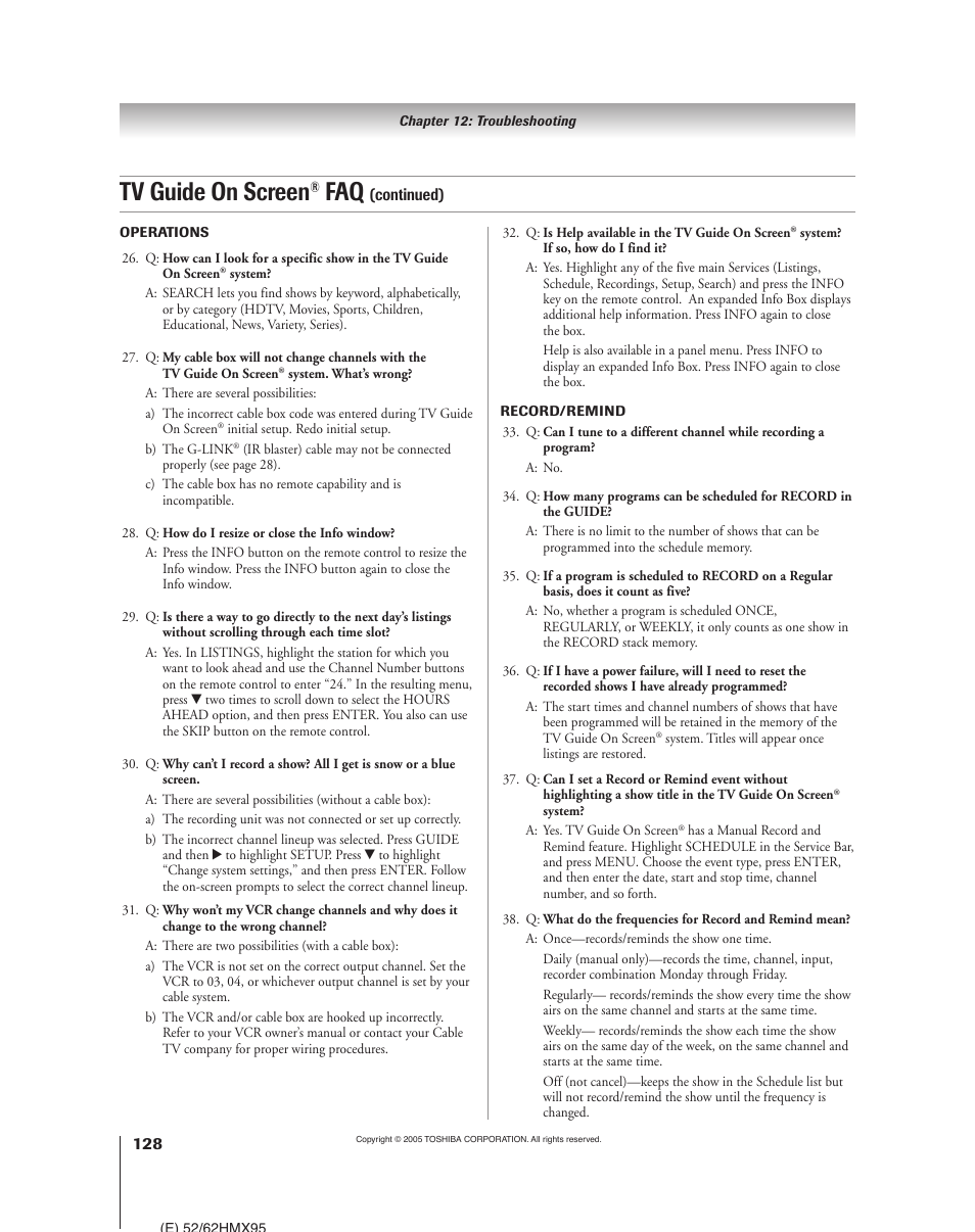 Tv guide on screen | Toshiba 52HMX95 User Manual | Page 128 / 136