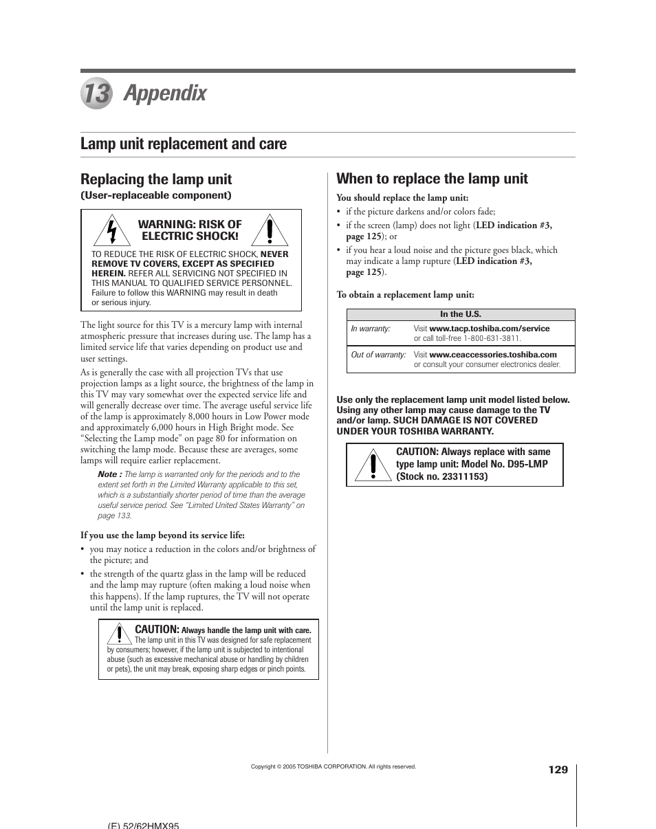 Appendix, Lamp unit replacement and care, Replacing the lamp unit | When to replace the lamp unit | Toshiba 52HMX95 User Manual | Page 129 / 136