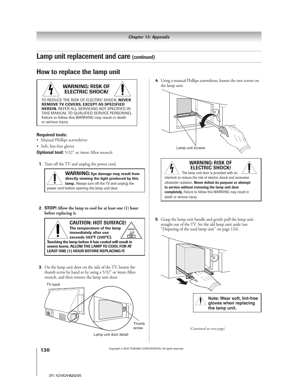 Lamp unit replacement and care, How to replace the lamp unit | Toshiba 52HMX95 User Manual | Page 130 / 136