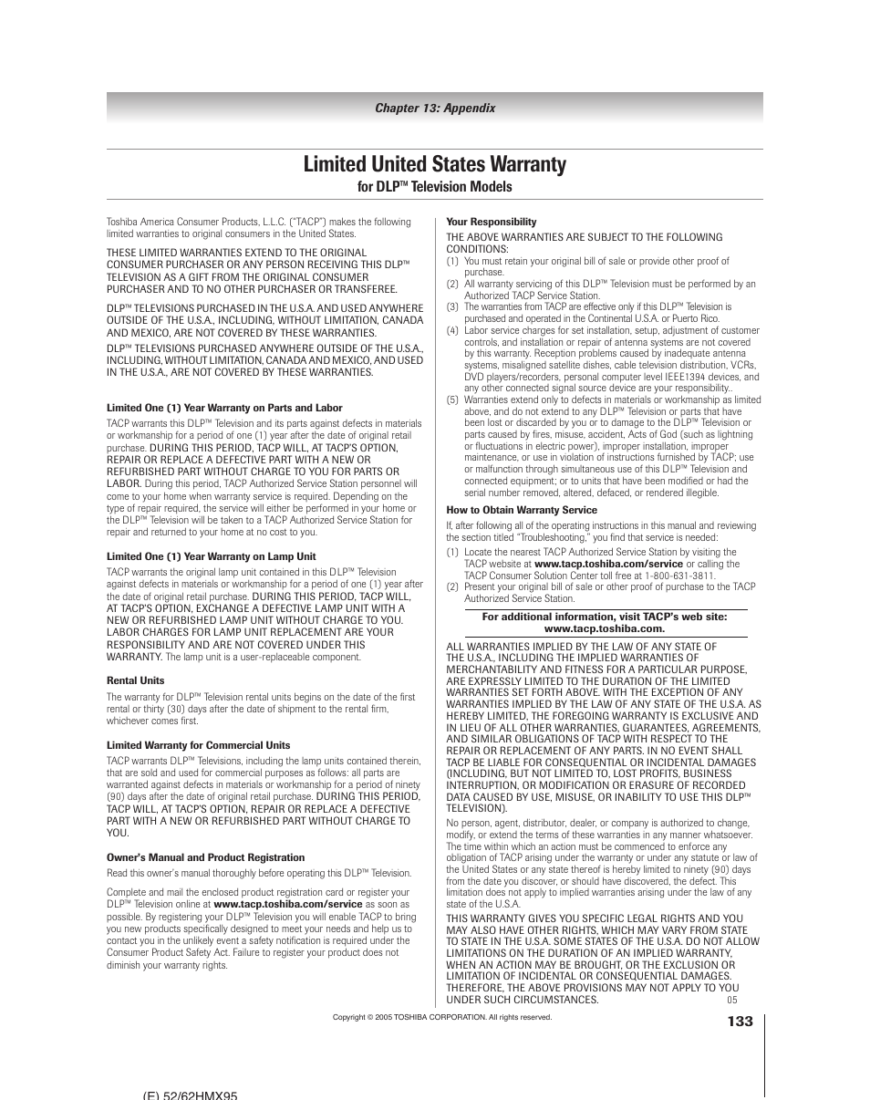 Limited united states warranty, For dlp™ television models | Toshiba 52HMX95 User Manual | Page 133 / 136