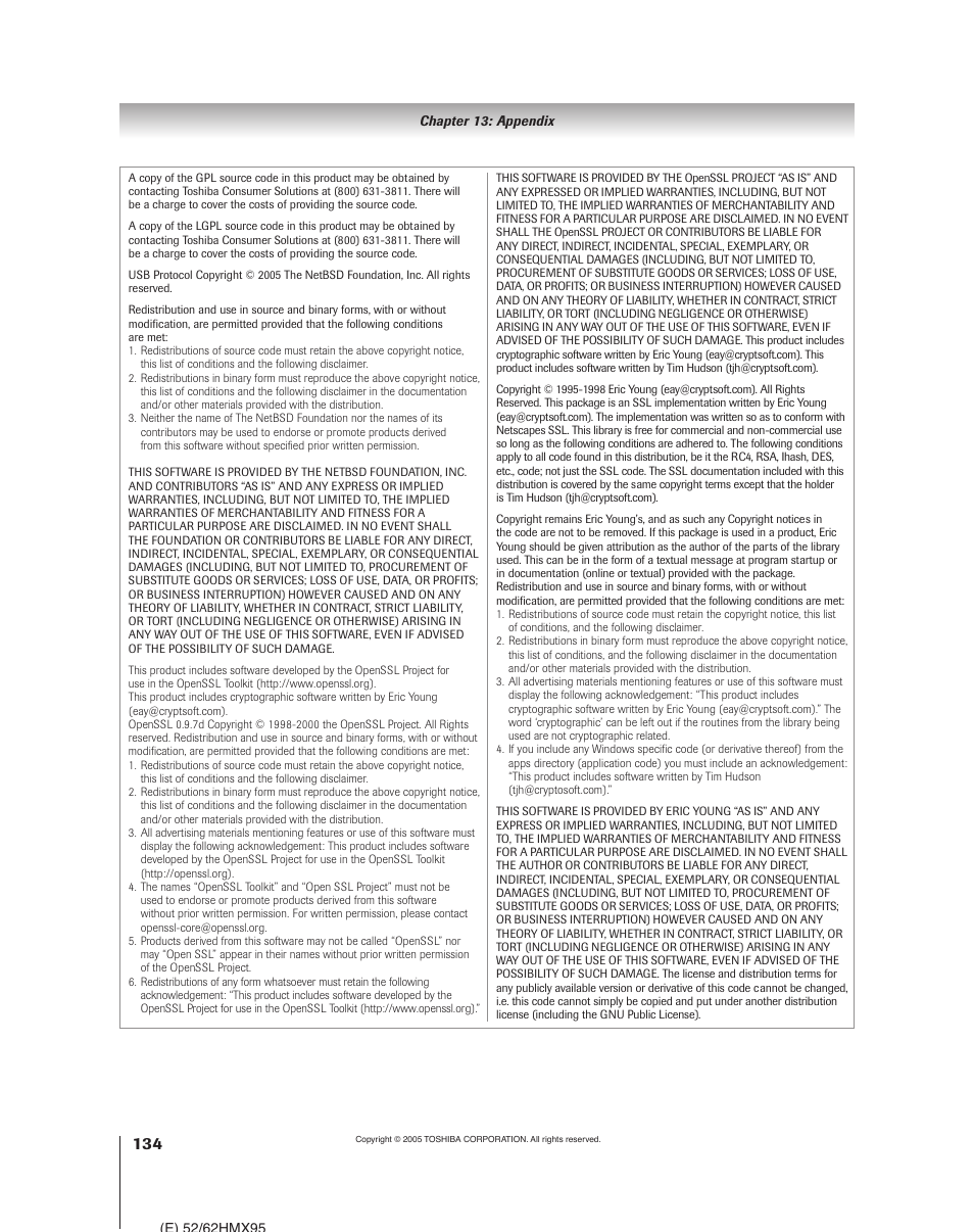 Toshiba 52HMX95 User Manual | Page 134 / 136