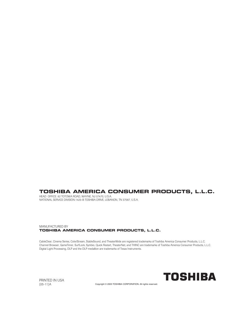Toshiba america consumer products, l.l.c | Toshiba 52HMX95 User Manual | Page 136 / 136