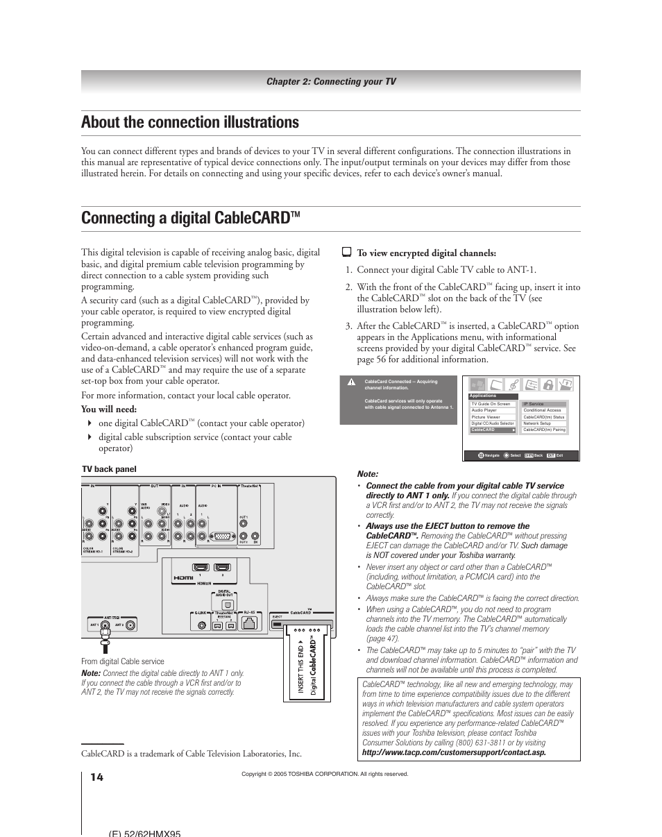 About the connection illustrations, Connecting a digital cablecard | Toshiba 52HMX95 User Manual | Page 14 / 136