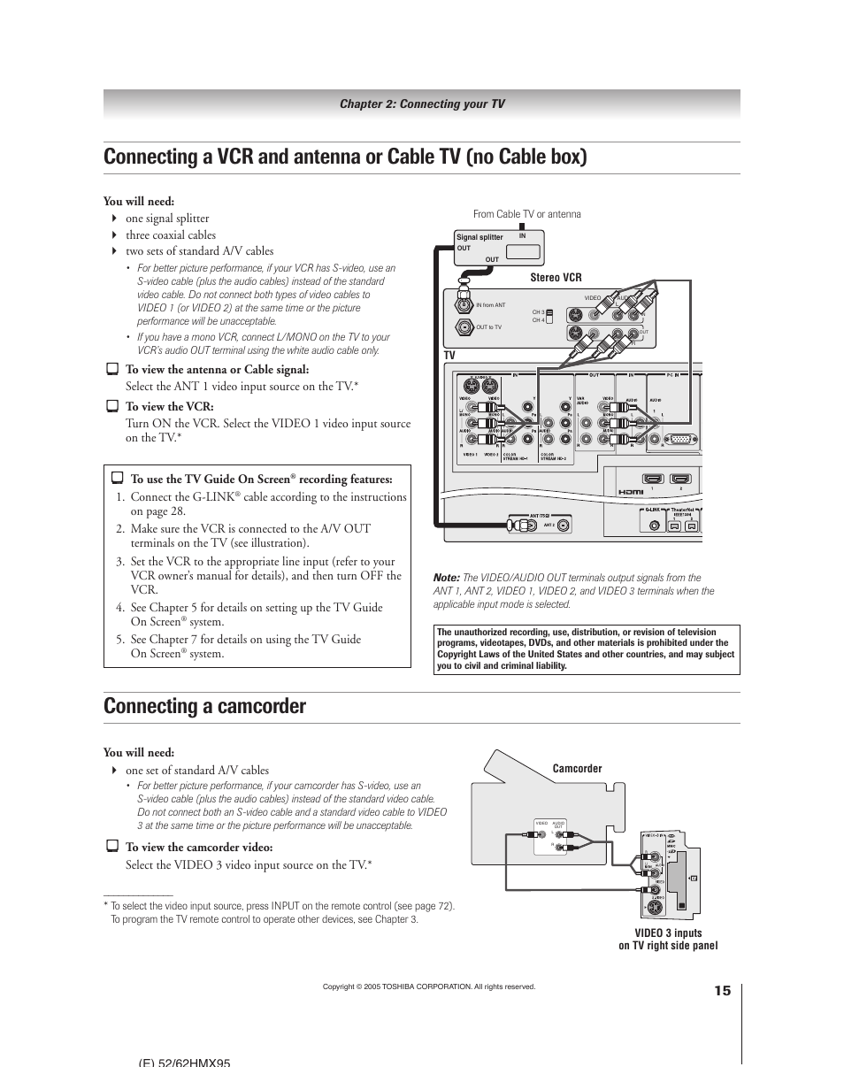 Connecting a camcorder | Toshiba 52HMX95 User Manual | Page 15 / 136