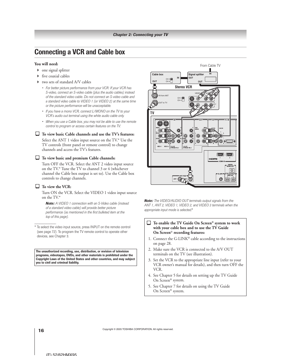 Connecting a vcr and cable box | Toshiba 52HMX95 User Manual | Page 16 / 136