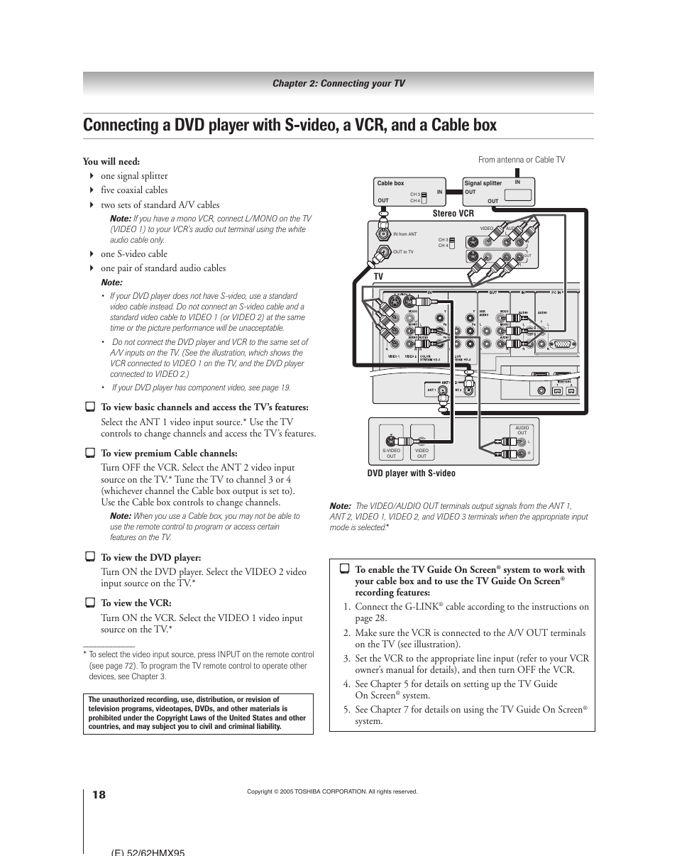 Recording features: 1. connect the g-link, System | Toshiba 52HMX95 User Manual | Page 18 / 136