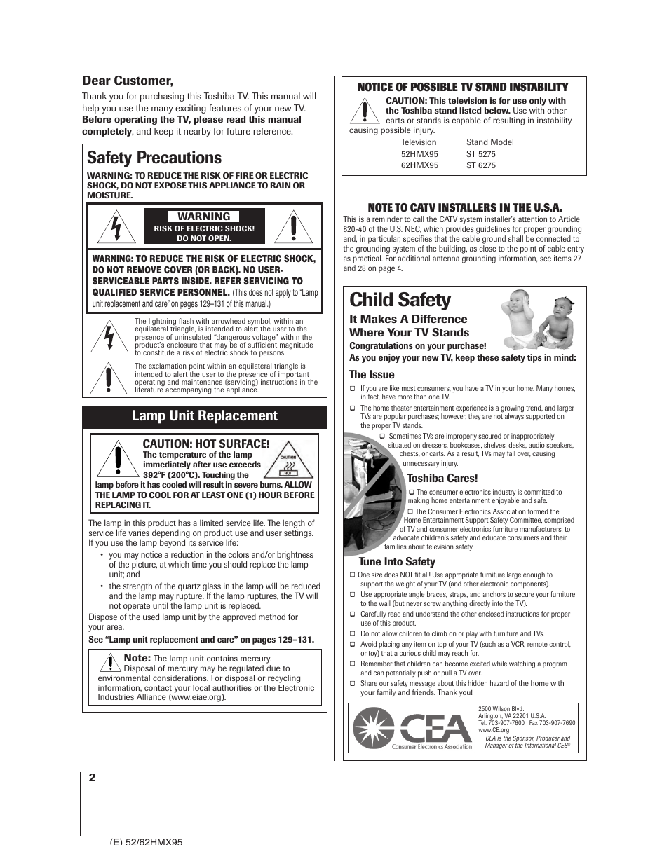 Child safety, Safety precautions, Lamp unit replacement | Dear customer | Toshiba 52HMX95 User Manual | Page 2 / 136