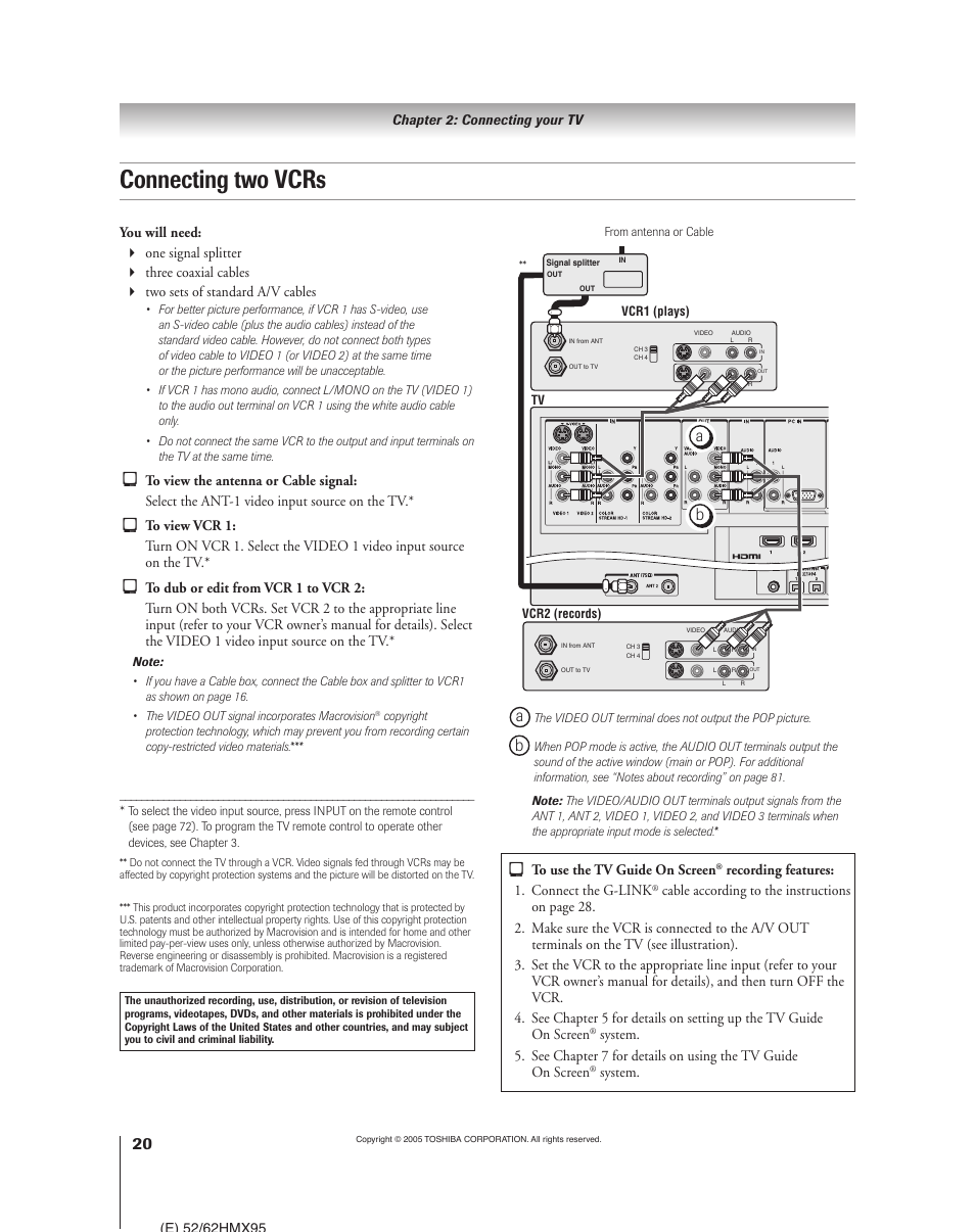 Connecting two vcrs | Toshiba 52HMX95 User Manual | Page 20 / 136