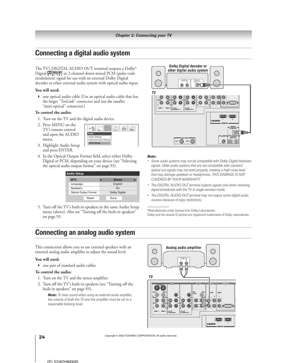 Connecting a digital audio system, Connecting an analog audio system | Toshiba 52HMX95 User Manual | Page 24 / 136