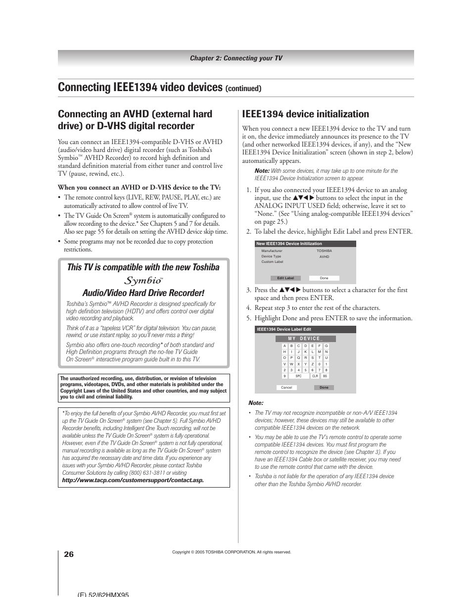 Connecting ieee1394 video devices, Ieee1394 device initialization, Continued) | Press the | Toshiba 52HMX95 User Manual | Page 26 / 136