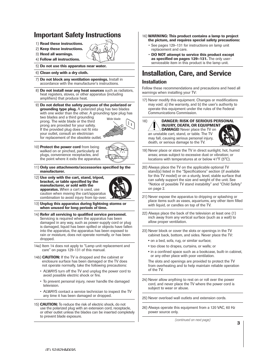 Installation, care, and service, Important safety instructions, Installation | Toshiba 52HMX95 User Manual | Page 3 / 136