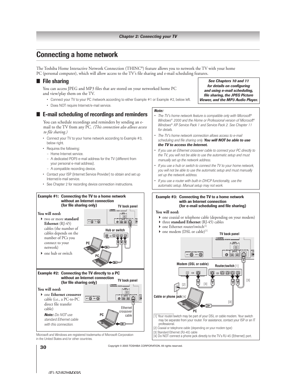 Connecting a home network, File sharing, E-mail scheduling of recordings and reminders | Toshiba 52HMX95 User Manual | Page 30 / 136