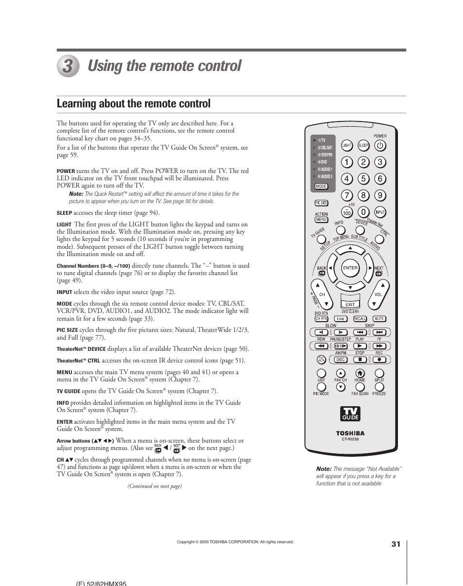 Using the remote control, Learning about the remote control | Toshiba 52HMX95 User Manual | Page 31 / 136
