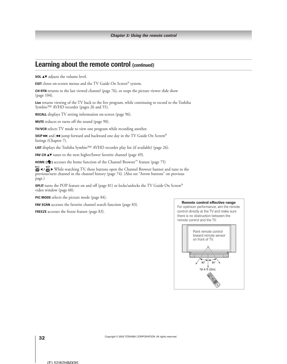 Learning about the remote control, Continued) | Toshiba 52HMX95 User Manual | Page 32 / 136