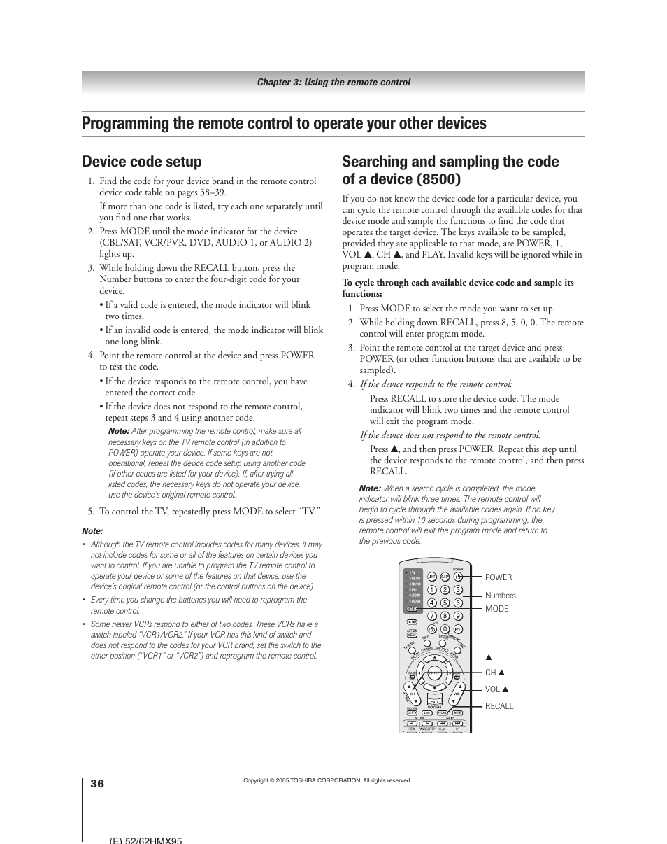 Searching and sampling the code of a device (8500), Device code setup | Toshiba 52HMX95 User Manual | Page 36 / 136