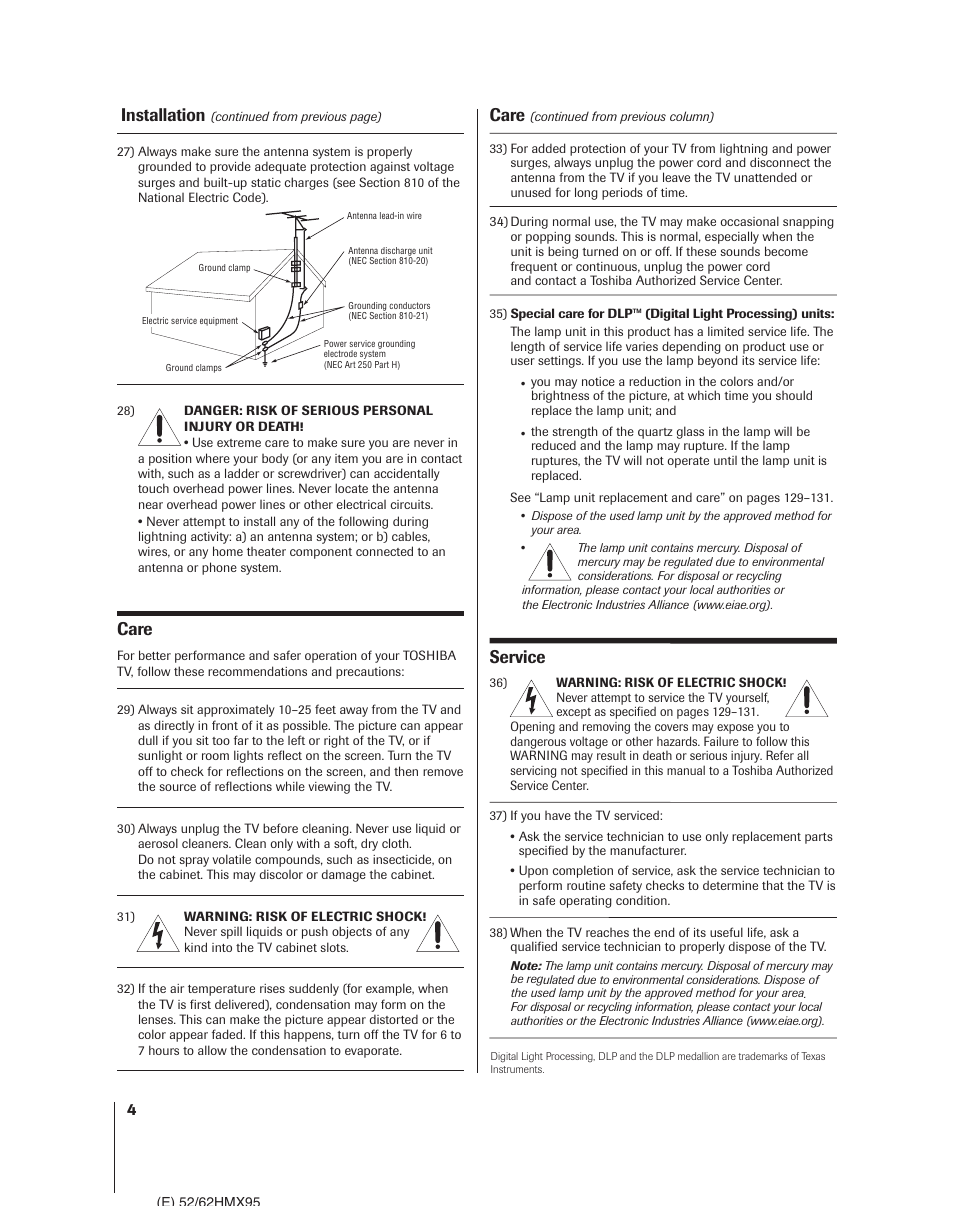 Installation, Care, Service | Toshiba 52HMX95 User Manual | Page 4 / 136