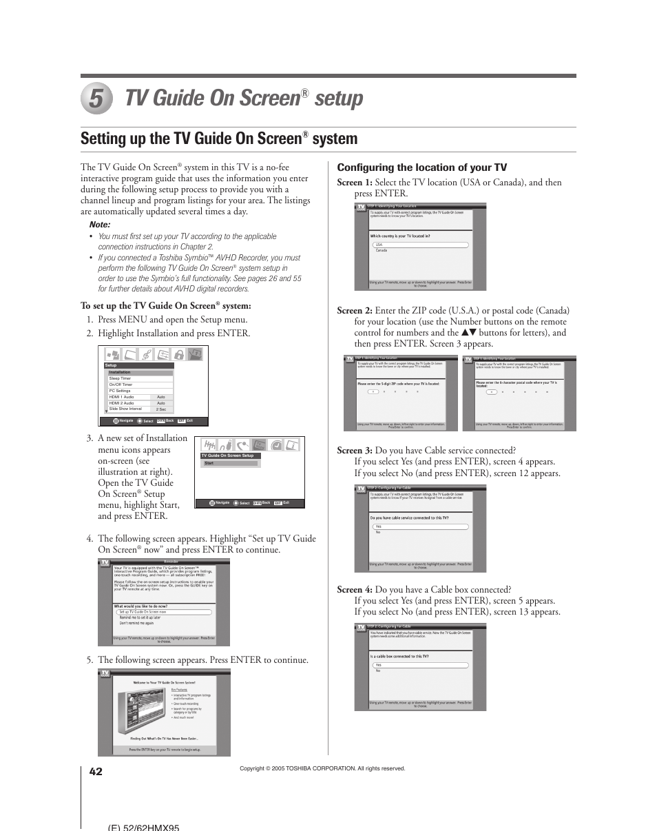 Tv guide on screen, Setup, Setting up the tv guide on screen | System, Configuring the location of your tv | Toshiba 52HMX95 User Manual | Page 42 / 136