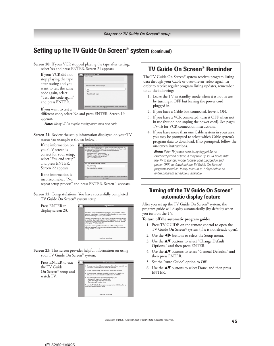 Setting up the tv guide on screen, System, Tv guide on screen | Reminder, Turning off the tv guide on screen, Automatic display feature | Toshiba 52HMX95 User Manual | Page 45 / 136