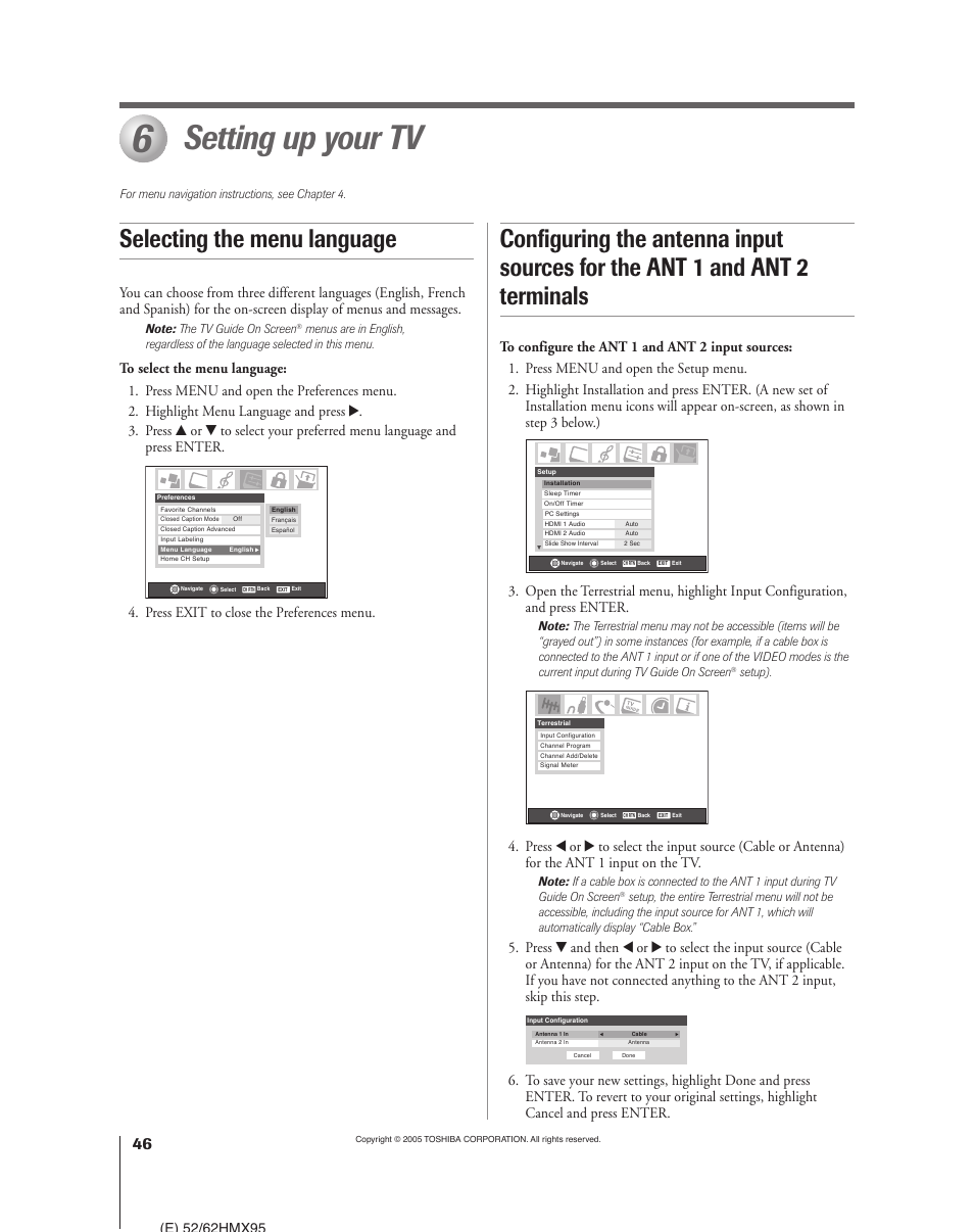 Setting up your tv, Selecting the menu language, Press exit to close the preferences menu | Toshiba 52HMX95 User Manual | Page 46 / 136