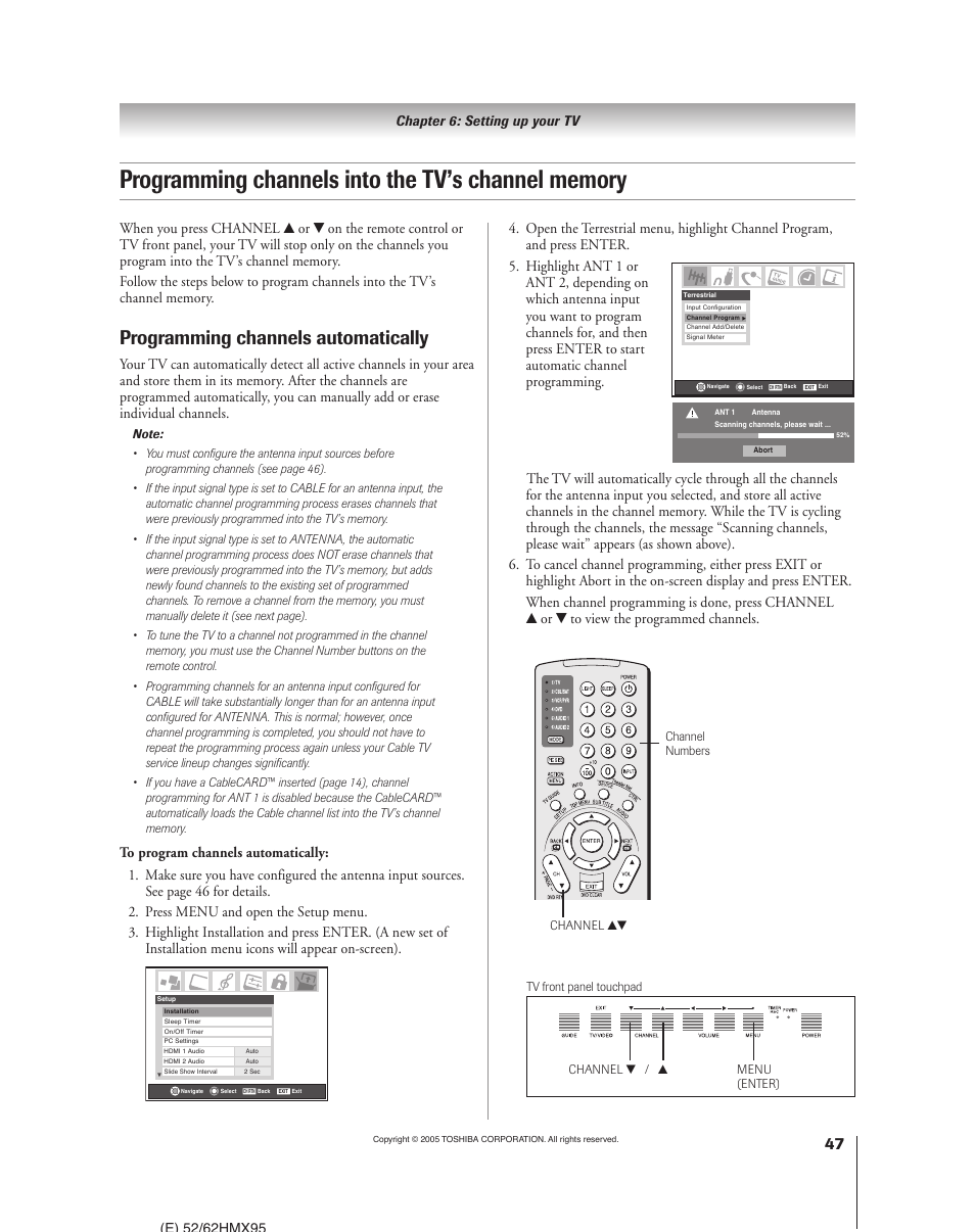 Programming channels automatically | Toshiba 52HMX95 User Manual | Page 47 / 136