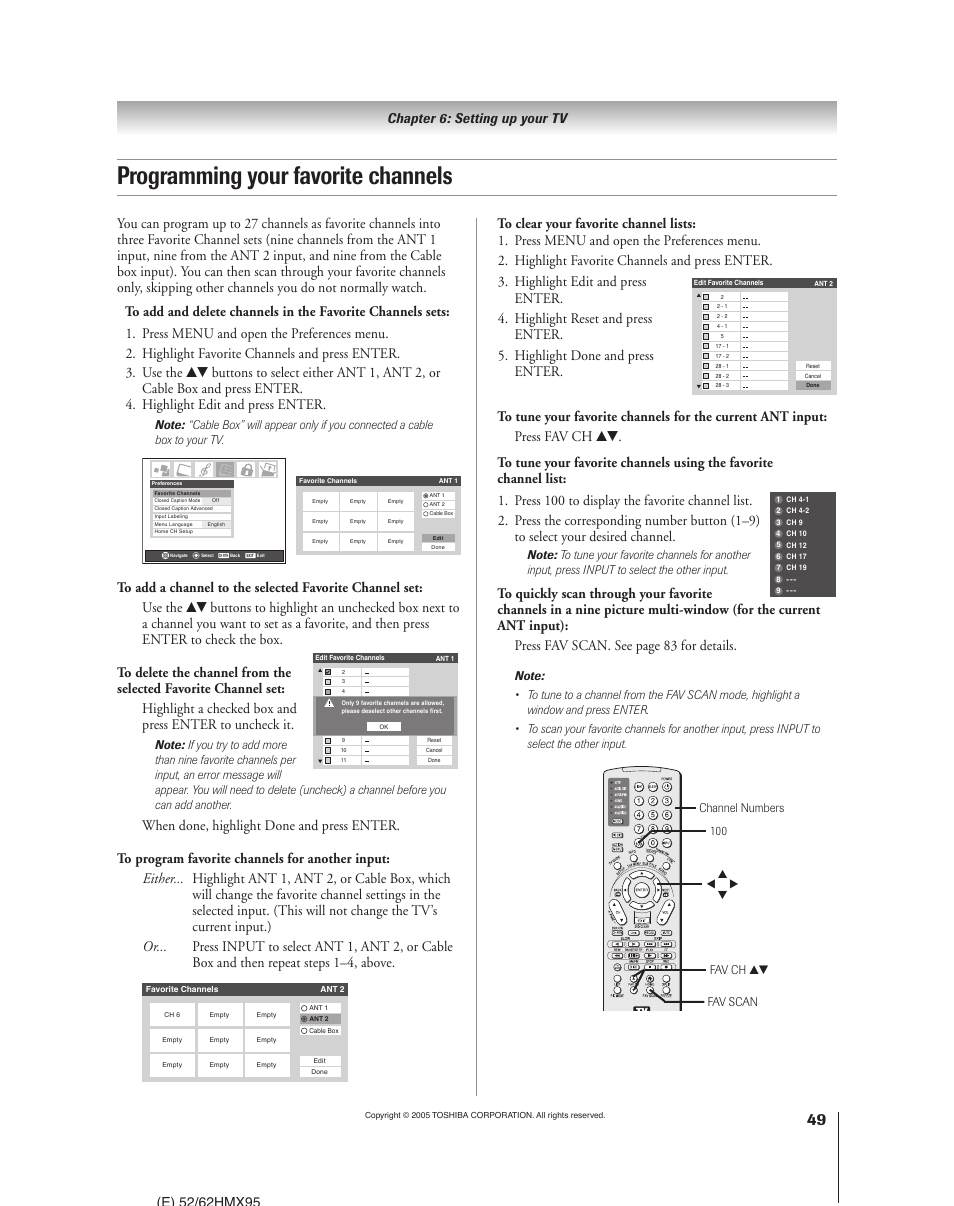 Programming your favorite channels | Toshiba 52HMX95 User Manual | Page 49 / 136