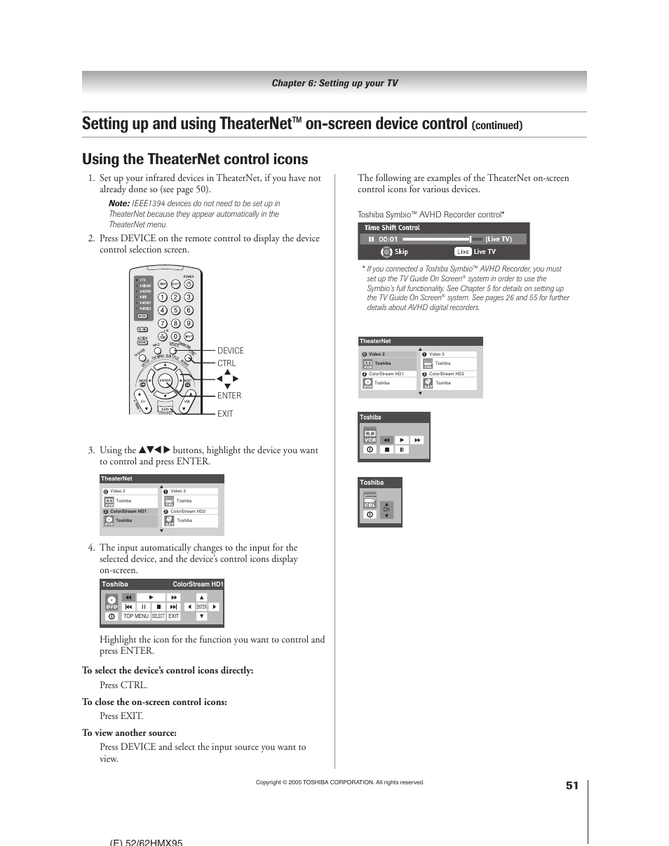 Using the theaternet control icons, Continued) | Toshiba 52HMX95 User Manual | Page 51 / 136