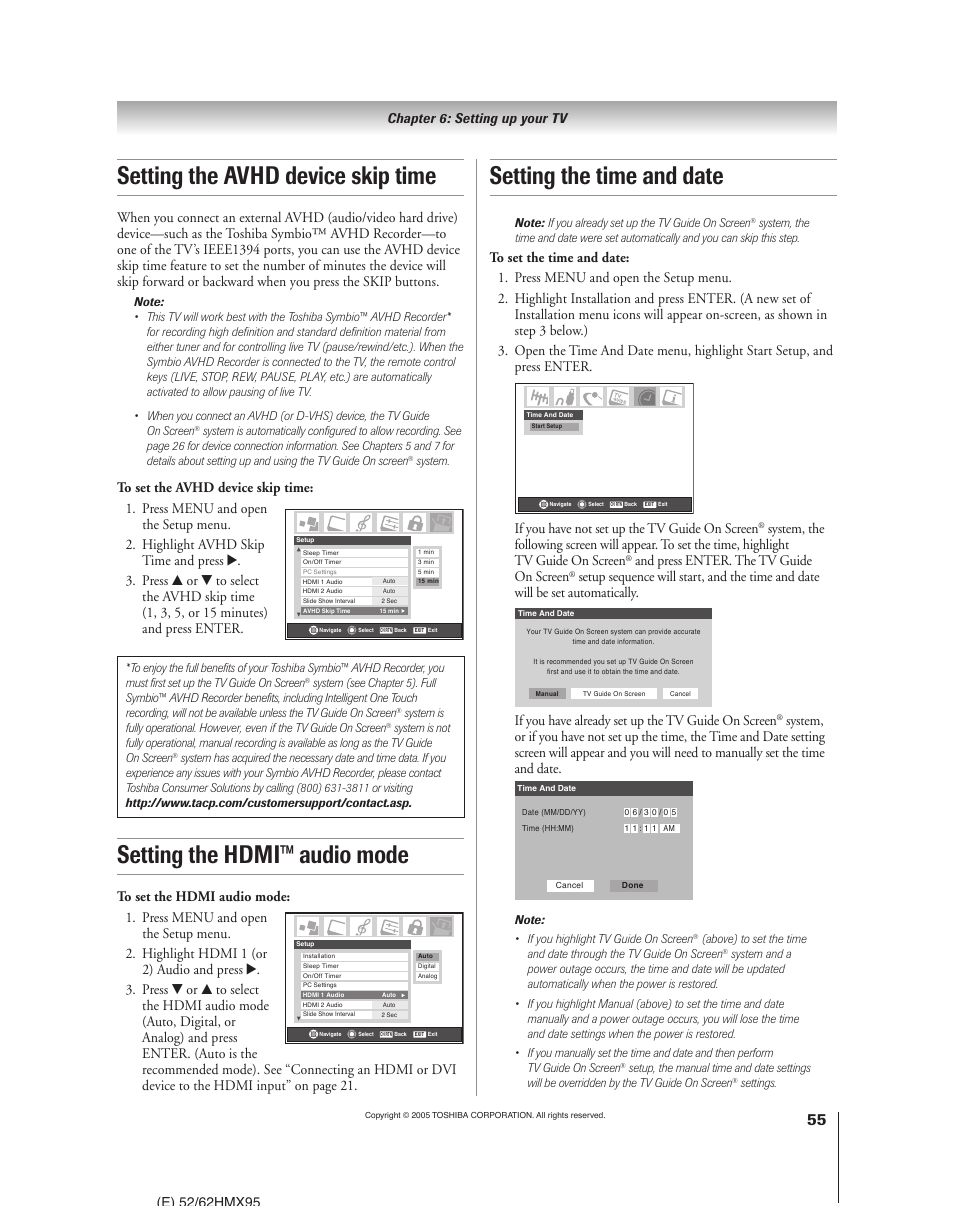 Setting the avhd device skip time, Setting the hdmi™ audio mode, Setting the time and date | If you have not set up the tv guide on screen, And press enter. the tv guide on screen, If you have already set up the tv guide on screen | Toshiba 52HMX95 User Manual | Page 55 / 136