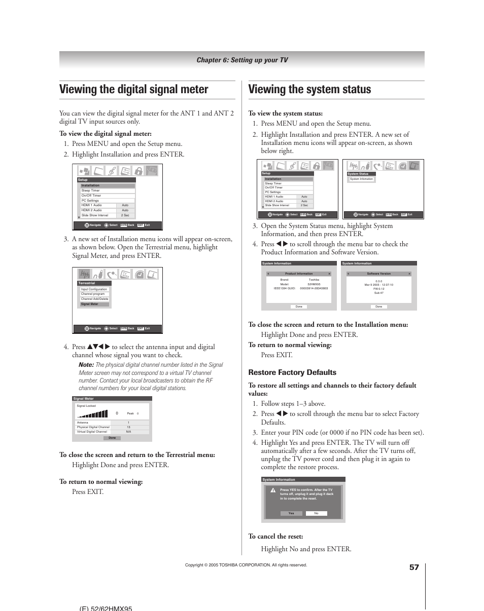 Restore factory defaults | Toshiba 52HMX95 User Manual | Page 57 / 136