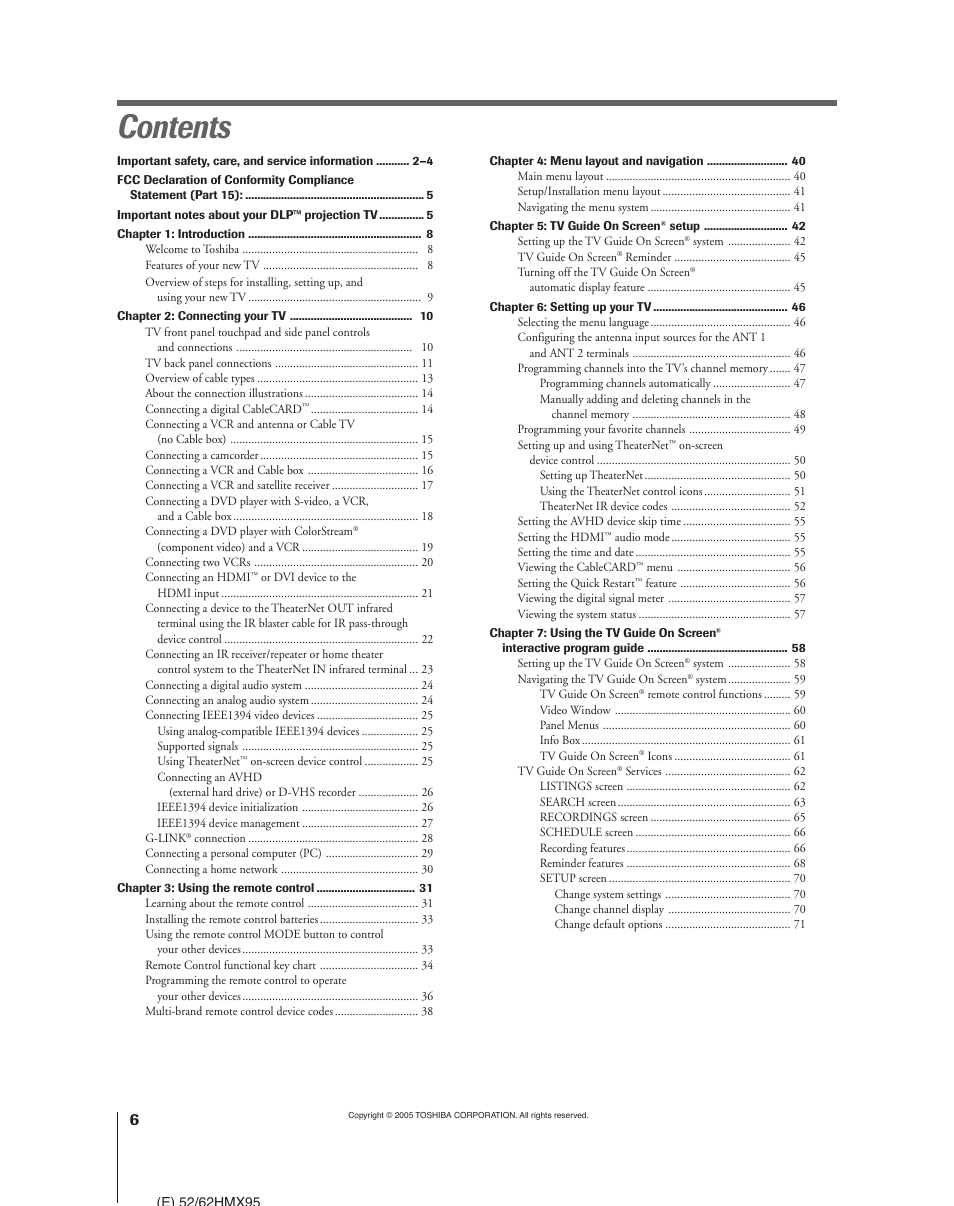 Toshiba 52HMX95 User Manual | Page 6 / 136