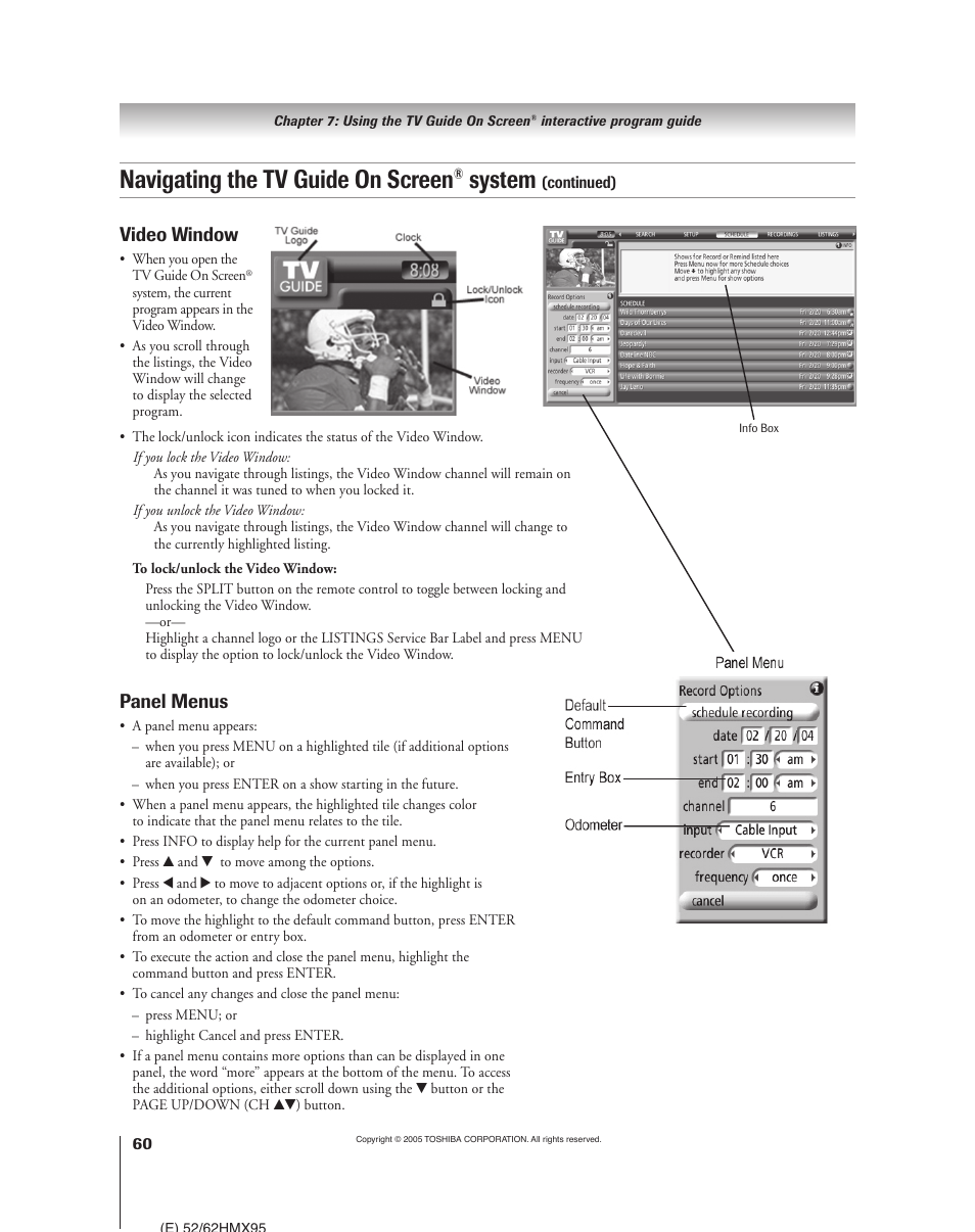 Navigating the tv guide on screen, System, Panel menus | Video window | Toshiba 52HMX95 User Manual | Page 60 / 136