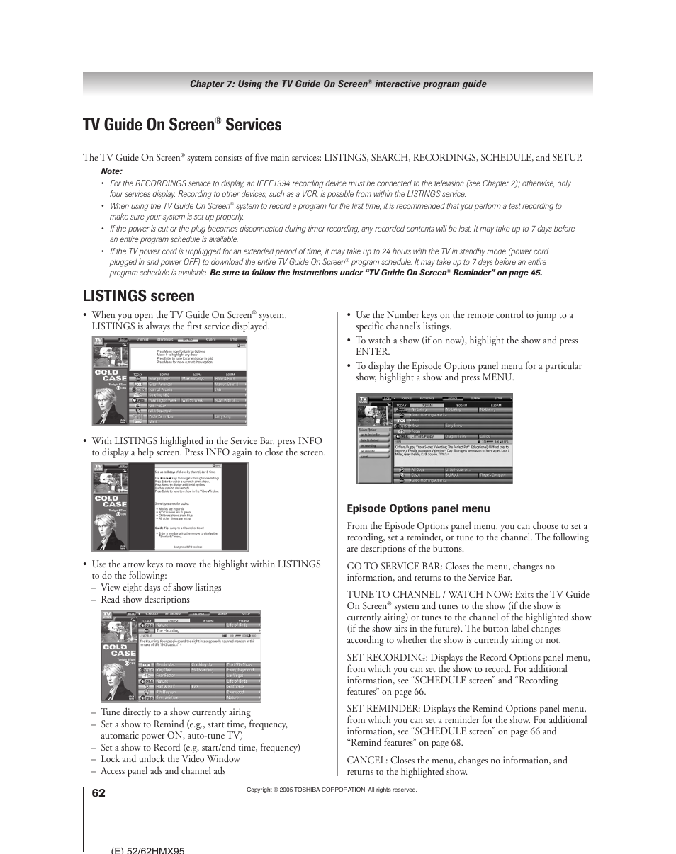 Tv guide on screen, Services, Listings screen | Toshiba 52HMX95 User Manual | Page 62 / 136