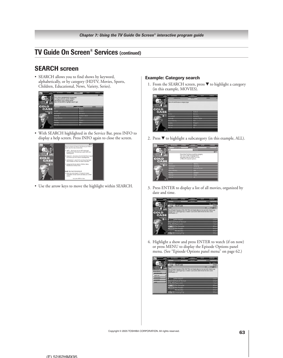 Tv guide on screen, Services, Search screen | Toshiba 52HMX95 User Manual | Page 63 / 136